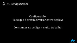 Configuração:
Tudo que é provável variar entre deploys
III. Configurações
Constantes no código = muito trabalho!
 