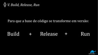 Para que a base de código se transforme em versão:
V. Build, Release, Run
Build + Release Run+
 