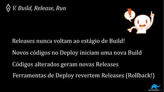 V. Build, Release, Run
Releases nunca voltam ao estágio de Build!
Códigos alterados geram novas Releases
Ferramentas de Deploy revertem Releases (Rollback!)
Novos códigos no Deploy iniciam uma nova Build
 