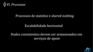 Processos de stateless e shared-nothing
VI. Processos
Dados consistentes devem ser armazenados em
serviços de apoio
Escalabilidade horizontal
 