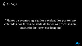 XI. Logs
“Fluxos de eventos agregados e ordenados por tempo,
coletados dos fluxos de saída de todos os processos em
execução dos serviços de apoio”
 