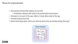 Room for Improvement
11
• All business functionality deploys at one time
• Production releases still need to be coordinated across teams
• Changes in one part of the app, affect or break other parts of the app
• Vertical Scaling has limits
• Same technology stack. Don’t you think its about time we started writing GoLang?
 