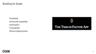 Building for Scale
26
Portability
Horizontal scalability
Automation
Traceability
Robust deployments
 