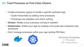 Do: Treat Processes as First Class Citizens
35
Horizontal Scalability
V. Processes
VIII. Concurrency
• Create processes (apps) to handle a specific workload type
• Scale horizontally by adding more processes
• Processes are stateless and share nothing
• Docker: Really is just a process running in isolation
• Kubernetes: Scales your app by creating more pods aka containers aka
processes
• Don’t manage processes within your app (writing PID files)
 