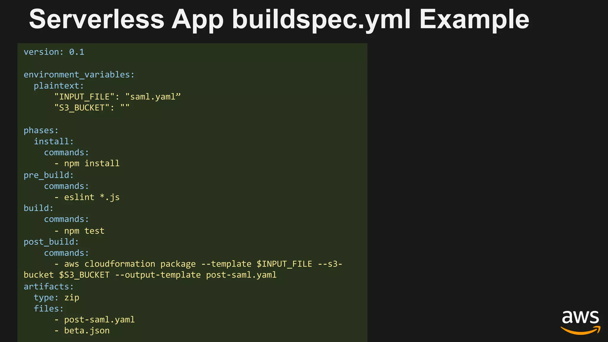 version: 0.1
environment_variables:
plaintext:
"INPUT_FILE": "saml.yaml”
"S3_BUCKET": ""
phases:
install:
commands:
- npm install
pre_build:
commands:
- eslint *.js
build:
commands:
- npm test
post_build:
commands:
- aws cloudformation package --template $INPUT_FILE --s3-
bucket $S3_BUCKET --output-template post-saml.yaml
artifacts:
type: zip
files:
- post-saml.yaml
- beta.json
Serverless App buildspec.yml Example
 