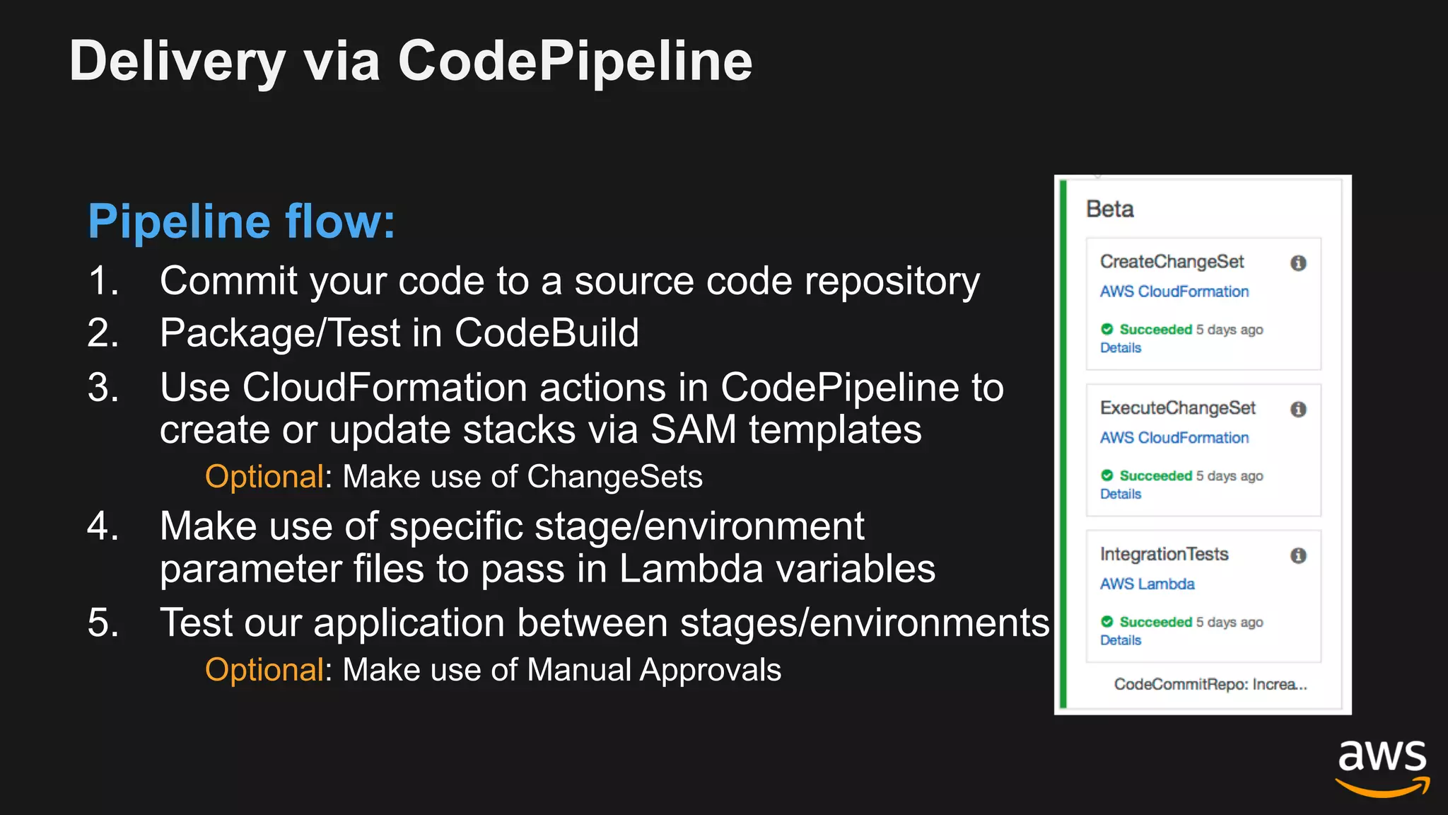 Delivery via CodePipeline
Pipeline flow:
1. Commit your code to a source code repository
2. Package/Test in CodeBuild
3. Use CloudFormation actions in CodePipeline to
create or update stacks via SAM templates
Optional: Make use of ChangeSets
4. Make use of specific stage/environment
parameter files to pass in Lambda variables
5. Test our application between stages/environments
Optional: Make use of Manual Approvals
 