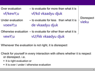 5
Over evaluation – to evaluate for more than what it is
vf/kewY;u vf/kd vkaadyu djuk
Under evaluation – to evaluate for less than what it is
voewY;u de vkaadyu djuk
Otherwise evaluation – to evaluate for other than what it is
vewY;u vU;Fkk vkaadyu djuk
Whenever the evaluation is not right, it is disrespect
Check for yourself in every interaction with others whether it is respect
or disrespect. i.e.
 It is right evaluation or
 It is over / under / otherwise evaluation
Disrespect
vieku
 