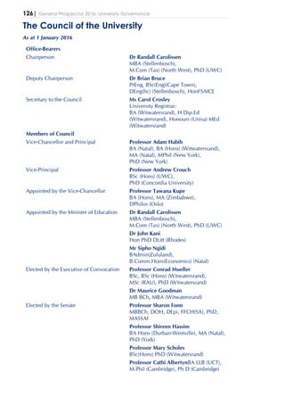 126| General Prospectus 2016: University Governance
The Council of the University
As at 1 January 2016
Office-Bearers
Chairperson Dr Randall Carolissen
MBA (Stellenbosch),
M.Com (Tax) (North West), PhD (UWC)
Deputy Chairperson Dr Brian Bruce
PrEng, BSc(Eng)(Cape Town),
DEng(hc) (Stellenbosch), HonFSAICE
Secretary to the Council Ms Carol Crosley
University Registrar:
BA (Witwatersrand), H Dip.Ed
(Witwatersrand), Honours (Unisa) MEd
(Witwatersrand)
Members of Council
Vice-Chancellor and Principal Professor Adam Habib
BA (Natal), BA (Hons) (Witwatersrand),
MA (Natal), MPhil (New York),
PhD (New York)
Vice-Principal Professor Andrew Crouch
BSc (Hons) (UWC),
PhD (Concordia University)
Appointed by the Vice-Chancellor Professor Tawana Kupe
BA (Hons), MA (Zimbabwe),
DPhilos (Oslo)
Appointed by the Minister of Education Dr Randall Carolissen
MBA (Stellenbosch),
M.Com (Tax) (North West), PhD (UWC)
Dr John Kani
Hon PhD DLitt (Rhodes)
Mr Sipho Ngidi
BAdmin(Zululand),
B.Comm.Hons(Economics) (Natal)
Elected by the Executive of Convocation Professor Conrad Mueller
BSc, BSc (Hons) (Witwatersrand),
MSc (RAU), PhD (Witwatersrand)
Dr Maurice Goodman
MB BCh, MBA (Witwatersrand)
Elected by the Senate Professor Sharon Fonn
MBBCh, DOH, DEpi, FFCH(SA), PhD,
MASSAf
Professor Shireen Hassim
BA Hons (Durban-Westville), MA (Natal),
PhD (York)
Professor Mary Scholes
BSc(Hons) PhD (Witwatersrand)
Professor Cathi AlbertynBA LLB (UCT),
M.Phil (Cambridge), Ph D (Cambridge)
 