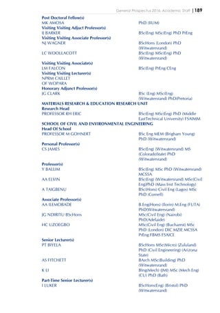 General Prospectus 2016: Academic Staff |189
Post Doctoral Fellow(s)
MK AMOSA PhD (IIUM)
Visiting Visiting Adjuct Professor(s)
IJ BARKER BSc(Eng) MSc(Eng) PhD PrEng
Visiting Visiting Associate Professor(s)
NJ WAGNER BScHons (London) PhD
(Witwatersrand)
LC WOOLLACOTT BSc(Eng) MSc(Eng) PhD
(Witwatersrand)
Visiting Visiting Associate(s)
LM FALCON BSc(Eng) PrEng CEng
Visiting Visiting Lecturer(s)
NPRM CAILLET
OF WOPARA
Honorary Adjunct Professor(s)
JG CLARK BSc (Eng) MSc(Eng)
(Witwatersrand) PhD(Pretoria)
MATERIALS RESEARCH & EDUCATION RESEARCH UNIT
Research Head
PROFESSOR RH ERIC BSc(Eng) MSc(Eng) PhD (Middle
EastTechnical University) FSAIMM
SCHOOL OF CIVIL AND ENVIRONMENTAL ENGINEERING
Head Of School
PROFESSOR M GOHNERT BSc Eng MEM (Brigham Young)
PhD (Witwatersrand)
Personal Professor(s)
CS JAMES BSc(Eng) (Witwatersrand) MS
(ColoradoState) PhD
(Witwatersrand)
Professor(s)
Y BALLIM BSc(Eng) MSc PhD (Witwatersrand)
MCSSA
AA ELVIN BSc(Eng) (Witwatersrand) MSc(Civil
Eng)PhD (Mass Inst Technology)
A TAIGBENU BSc(Hons) Civil Eng (Lagos) MSc
PhD (Cornell)
Associate Professor(s)
AA ILEMOBADE B.Eng(Hons) (Ilorin) M.Eng (FUTA)
PhD(Witwatersrand)
JG NDIRITU BScHons MSc(Civil Eng) (Nairobi)
PhD(Adelaide)
HC UZOEGBO MSc(Civil Eng) (Bucharest) MSc
PhD (London) DIC MZIE MCSSA
PrEng FBMS FSAICE
Senior Lecturer(s)
PT BIYELA BScHons MSc(Micro) (Zululand)
PhD (Civil Engineering) (Arizona
State)
AS FITCHETT BArch MSc(Building) PhD
(Witwatersrand)
K LI BIng(Mech) (JMI) MSc (Mech Eng)
(CU) PhD (Bath)
Part-Time Senior Lecturer(s)
I LUKER BScHons(Eng) (Bristol) PhD
(Witwatersrand)
 