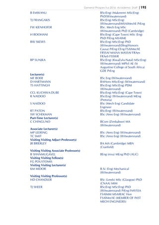 General Prospectus 2016: Academic Staff |195
B EMWANU BSc(Eng) (Makerere) MSc(Eng)
PhD(Witwatersrand)
TJ FRANGAKIS BSc(Eng) MSc(Eng)
(Witwatersrand)MSAIMechE PrEng
FW KIENHOFER BSc. Mech Eng MSc
(Witwatersrand) PhD (Cambridge)
H ROOHANI BSc(Eng) (Cape Town) MSc (Eng)
PhD PrEng MSAIME
BW SKEWS BSc(Eng) MSc(Eng) PhD
(Witwatersrand)DIng(Honoris
Causa) PrEng CEng FSAIMechE
FRSSAf MAIAA MASSAf FRAes
FRAeS FSSWR
BP SUNJKA BSc(Eng) (KwaZulu-Natal) MSc(Eng)
(Witwatersrand) MPhil AE (St
Augustine College of South Africa)
GDE PrEng
Lecturer(s)
MF BOER BSc Eng (Witwatersrand)
D HARTMANN BAHons MSc(Eng) (Witwatersrand)
TS HATTINGH BSc(Eng) MSc(Eng) PDM
(Witwatersrand)
CCL KUCHWA-DUBE BSc(Eng) MSc(Eng) (Cape Town)
R NAIDOO BSc(Eng) (Witwatersrand) MEng
(Pretoria)
S NAIDOO BSc (Mech Eng) Candidate
Engineer
RT PATON BSc(Eng) (Witwatersrand)
SW SCHEKMAN BSc (Areo Eng) (Witwatersrand)
Part-Time Lecturer(s)
C CHINGUNO BCom (Zimbabwe) MA
(Witwatersrand)
Associate Lecturer(s)
MP LEERING BSc (Aero Eng) (Witwatersrand)
TC SMIT BSc (Areo Eng) (Witwatersrand)
Visiting Visiting Adjuct Professor(s)
JR BRIERLEY BA MA (Cambridge) MBA
(Cranfield)
Visiting Visiting Associate Professor(s)
B SHANMUGAVEL BEng (msu) MEng PhD (AUC)
Visiting Visiting Fellow(s)
FG POUSTOMIS
Visiting Visiting Lecturer(s)
KM MIDOR B.Sc (Eng) Mechanical
(Witwatersrand)
Visiting Visiting Professor(s)
HD CHANDLER BSc (Leeds) MSc (Glasgow) PhD
(CNAA) MIM
TJ SHEER BSc(Eng) MSc(Eng) PhD
(Witwatersrand) PrEng FMVSSA
FSAIMM MSAIRAC Hon
FSAIMechE (MEMBER OF INST
MECH ENGINEERS)
 