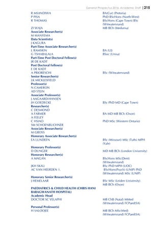General Prospectus 2016: Academic Staff |215
R MSANDIWA BA(Cur) (Pretoria)
P PISA PhD BScHons (North-West)
R THOMAS BScHons (Cape Town) BSc
(Witwatersrand)
ZI WAJA MB BCh (Medunsa)
Associate Researcher(s)
M MANYEMA
Data Scientist(s)
J KAGURA
Part-Time Associate Researcher(s)
L RAMSKIN BA (UJ)
G TSHABALALA BSoc (Unisa)
Part-Time Post Doctoral Fellow(s)
JR DE KADT
Post Doctoral Fellow(s)
E DE KADT
A PRIORESCHI BSc (Witwatersrand)
Senior Researcher(s)
LK MICKLESFIELD
Professor(s)
N CAMERON
AD STEIN
Associate Professor(s)
J AAGAARD-HANSEN
JH GOEDECKE BSc PhD MD (Cape Town)
Researcher(s)
C DESMOND
A FARMER BA MD MB BCh (Oxon)
A FEELEY
C HSIAO PhD MSc (Western Ontario)
SM SCHOENBUCHNER
Associate Researcher(s)
M GROSS
Honorary Associate Researcher(s)
EA LUNDEEN BSc (Missouri) MSc (Tufts) MPH
(Yale)
Honorary Professor(s)
D DUNGER MD MB BCh (London University)
Honorary Researcher(s)
A MAGAN BScHons MSc(Dent)
(Witwatersrand)
JKH SKAU BSc PhD MPH (UOC)
AC VAN HEERDEN 1. BScHons(Psych) (UNIP) PhD
(Witwatersrand) MSc (UNIP)
Honorary Senior Researcher(s)
J HEMELAAR BSc MSc (Leiden University)
MB BCh (Oxon)
PAEDIATRICS & CHILD HEALTH (CHRIS HANI
BARAGWANATH HOSPITAL)
Academic Head
DOCTOR SC VELAPHI MB ChB (Natal) MMed
(Witwatersrand) FCPaed(SA)
Personal Professor(s)
H SALOOJEE MB BCh MSc(Med)
(Witwatersrand) FCPaed(SA)
 