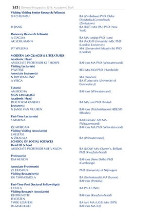262| General Prospectus 2016: Academic Staff
Visiting Visiting Senior Research Fellow(s)
SH CHIUMBU BA (Zimbabwe) PhD (Oslo)
DipMedia&CommStuds
(Zimbabwe)
H JIANG BA (BUT) MA (PU) PhD (New
York)
Honorary Research Fellow(s)
A CIAGLIA BA MA (unipg) PhD (sum)
AK SCHUMANN BA (McGill University) MSc PhD
(London University)
JFT WILLEMS MA (Universiteit Maastricht) PhD
(London)
MODERN LANGUAGES & LITERATURES
Academic Head
ASSOCIATE PROFESSOR KE THORPE BAHons MA PhD (Witwatersrand)
Visiting Lecturer(s)
P WITTKE BEd MA MEd PhD (Humboldt)
Associate Lecturer(s)
N RIPERO-MUNIZ MA (London)
A VIRGA BA (Turin) MA (University of
Connecticut)
Tutor(s)
AM ROCHA BAHons (Witwatersrand)
SIGN LANGUAGE
Academic Head
DOCTOR M KANEKO BA MA (un) PhD (Bristol)
Lecturer(s)
N JANSE VAN VUUREN BAHons (Potchefstroom) HDE(SP)
(Rhodes)
Part-Time Lecturer(s)
S MABENA BA(Dramatic Art) MA
(Witwatersrand)
RZ MORGAN BAHons MA PhD (Witwatersrand)
Visiting Visiting Associate(s)
J MELETSE
N ZIKALALA BA (Witwatersrand)
SCHOOL OF SOCIAL SCIENCES
Head Of School
ASSOCIATE PROFESSOR MSE VAWDA BA (UDW) MA (Queen's, Belfast)
PhD (KwaZulu-Natal)
Professor(s)
DM MENON BAHons (New Delhi) PhD
(Cambridge)
Associate Professor(s)
ZE ERASMUS PhD (University of Nijmegen)
Visiting Researcher(s)
GK TSHIMOMOLA BA (Stellenbosch) MA (Sussex)
BAHons (Pretoria)
Part-Time Post Doctoral Fellowship(s)
F DUCA BA PhD (UNIT)
Visiting Research Associate(s)
RB BRUNETTE BAHons (KwaZulu-Natal)
B KOTZEN
TMRG LESAFERE BA (un) MA (UGB) MA (BIPS)
IM MAKUKULE BAHons MA (UJ)
 