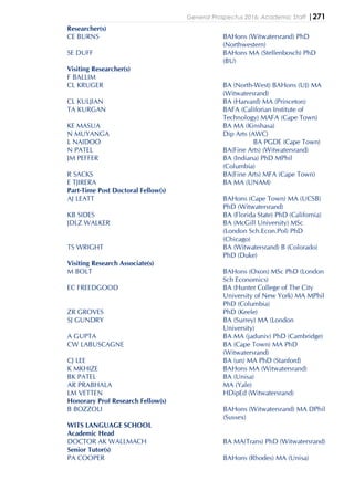 General Prospectus 2016: Academic Staff |271
Researcher(s)
CE BURNS BAHons (Witwatersrand) PhD
(Northwestern)
SE DUFF BAHons MA (Stellenbosch) PhD
(BU)
Visiting Researcher(s)
F BALLIM
CL KRUGER BA (North-West) BAHons (UJ) MA
(Witwatersrand)
CL KULJIAN BA (Harvard) MA (Princeton)
TA KURGAN BAFA (Califorian Institute of
Technology) MAFA (Cape Town)
KE MASUA BA MA (Kinshasa)
N MUYANGA Dip Arts (AWC)
L NAIDOO BA PGDE (Cape Town)
N PATEL BA(Fine Arts) (Witwatersrand)
JM PEFFER BA (Indiana) PhD MPhil
(Columbia)
R SACKS BA(Fine Arts) MFA (Cape Town)
E TJIRERA BA MA (UNAM)
Part-Time Post Doctoral Fellow(s)
AJ LEATT BAHons (Cape Town) MA (UCSB)
PhD (Witwatersrand)
KB SIDES BA (Florida State) PhD (California)
JDLZ WALKER BA (McGill University) MSc
(London Sch.Econ.Pol) PhD
(Chicago)
TS WRIGHT BA (Witwatersrand) B (Colorado)
PhD (Duke)
Visiting Research Associate(s)
M BOLT BAHons (Oxon) MSc PhD (London
Sch Economics)
EC FREEDGOOD BA (Hunter College of The City
University of New York) MA MPhil
PhD (Columbia)
ZR GROVES PhD (Keele)
SJ GUNDRY BA (Surrey) MA (London
University)
A GUPTA BA MA (jaduniv) PhD (Cambridge)
CW LABUSCAGNE BA (Cape Town) MA PhD
(Witwatersrand)
CJ LEE BA (un) MA PhD (Stanford)
K MKHIZE BAHons MA (Witwatersrand)
BK PATEL BA (Unisa)
AR PRABHALA MA (Yale)
LM VETTEN HDipEd (Witwatersrand)
Honorary Prof Research Fellow(s)
B BOZZOLI BAHons (Witwatersrand) MA DPhil
(Sussex)
WITS LANGUAGE SCHOOL
Academic Head
DOCTOR AK WALLMACH BA MA(Trans) PhD (Witwatersrand)
Senior Tutor(s)
PA COOPER BAHons (Rhodes) MA (Unisa)
 
