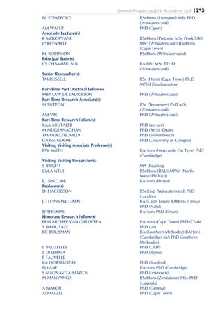 General Prospectus 2016: Academic Staff |293
DJ STRATFORD BScHons (Liverpool) MSc PhD
(Witwatersrand)
AM WAFER PhD (Open)
Associate Lecturer(s)
K MOLOPYANE BScHons (Pretoria) MSc (York(UK))
JP REYNARD MSc (Witwatersrand) BScHons
(Cape Town)
KL ROBINSON BScHons (Witwatersrand)
Principal Tutor(s)
CS CHAMBERLAIN BA BEd MSc TTHD
(Witwatersrand)
Senior Researcher(s)
TM RUSSELL BSc (Hons) (Cape Town) Ph.D
MPhil (Southampton)
Part-Time Post Doctoral Fellow(s)
MBP LAW DE LAURISTON PhD (Witwatersrand)
Part-Time Research Associate(s)
M SUTTON BSc (Tennessee) PhD MSc
(Witwatersrand)
AM VAL PhD (Witwatersrand)
Part-Time Research Fellow(s)
KAA ABUTALEB PhD (ain uni)
M MCGRANAGHAN PhD (Arch) (Oxon)
TM MOKOTJOMELA PhD (Stellenbosch)
G OSSENDORF PhD (University of Cologne)
Visiting Visiting Associate Professor(s)
BW SMITH BAHons (Newcastle On Tyne) PhD
(Cambridge)
Visiting Visiting Researcher(s)
S BRIGHT MA (Reading)
CM,A NTUI BScHons (RAU) MPhil (North-
West) PhD (UJ)
E,I SINCLAIR BAHons (Bristol)
Professor(s)
DH JACOBSON BSc(Eng) (Witwatersrand) PhD
(London)
JD LEWIS-WILLIAMS BA (Cape Town) BAHons (Unisa)
PhD (Natal)
D THOMAS BAHons PhD (Oxon)
Honorary Research Fellow(s)
ERM ARCHER VAN GARDEREN BAHons (Cape Town) PhD (Clark)
Y BAMUTAZE PhD (un)
BC BOUSMAN BA (Southern Methodist) BAHons
(Cambridge) MA PhD (Southern
Methodist)
L BRUXELLES PhD (UOP)
S DI LERNIA PhD (Rome)
F FAUVELLE
KA HORSBURGH PhD (Stanford)
PJ LANE BAHons PhD (Cambridge)
S MAGNAVITA SANTOS PhD (unknown)
M MANYANGA BScHons (Zimbabwe) MSc PhD
(Uppsala)
A MAYOR PhD (Geneva)
AD MAZEL PhD (Cape Town)
 