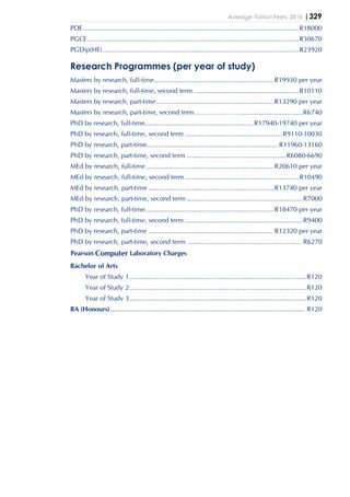 Average Tuition Fees: 2016 |329
PDE .................................................................................................................R18000
PGCE...............................................................................................................R30670
PGDip(HE).......................................................................................................R23920
Research Programmes (per year of study)
Masters by research, full-time...............................................................R19930 per year
Masters by research, full-time, second term .......................................................R10110
Masters by research, part-time..............................................................R13290 per year
Masters by research, part-time, second term……………………................................R6740
PhD by research, full-time......................................................... R17940-19740 per year
PhD by research, full-time, second term ................................................... R9110-10030
PhD by research, part-time..................................................................... R11960-13160
PhD by research, part-time, second term .................................................... R6080-6690
MEd by research, full-time ...................................................................R20610 per year
MEd by research, full-time, second term............................................................R10490
MEd by research, part-time ..................................................................R13740 per year
MEd by research, part-time, second term .............................................................R7000
PhD by research, full-time....................................................................R18470 per year
PhD by research, full-time, second term ..............................................................R9400
PhD by research, part-time ................................................................. R12320 per year
PhD by research, part-time, second term ........................................................... R6270
Pearson Computer Laboratory Charges
Bachelor of Arts
Year of Study 1.............................................................................................R120
Year of Study 2.............................................................................................R120
Year of Study 3.............................................................................................R120
BA (Honours)...................................................................................................... R120
 