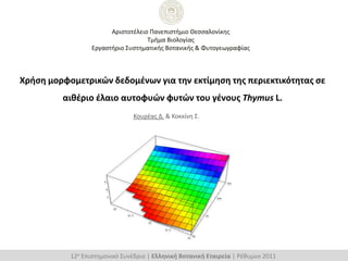 Αριςτοτζλειο Πανεπιςτήμιο Θεςςαλονίκησ
                                    Σμήμα Βιολογίασ
                  Εργαςτήριο ΢υςτηματικήσ Βοτανικήσ & Φυτογεωγραφίασ



Χρήςη μορφομετρικών δεδομζνων για την εκτίμηςη τησ περιεκτικότητασ ςε
         αιθζριο ζλαιο αυτοφυών φυτών του γζνουσ Thymus L.
                                Κουρζασ Δ. & Κοκκίνη ΢.




           12ο Επιςτημονικό ΢υνζδριο | Ελληνική Βοτανική Εταιρεία | Ρζθυμνο 2011
 