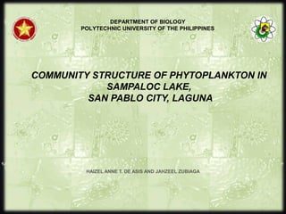 COMMUNITY STRUCTURE OF PHYTOPLANKTON IN
SAMPALOC LAKE,
SAN PABLO CITY, LAGUNA
HAIZEL ANNE T. DE ASIS AND JAHZEEL ZUBIAGA
DEPARTMENT OF BIOLOGY
POLYTECHNIC UNIVERSITY OF THE PHILIPPINES
 