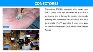 CONECTORESCONECTORES
FITEL
Chamado de ATX12V, o conector visto abaixo conta
com 4 pinos, deve ser encaixado na placa-mãe e
geralmente tem a função de fornecer alimentação
elétrica para o processador. Há uma versão mais atual,
denominada EPS12V, que utiliza 8 pinos e que pode
ser formada também pela união de dois conectores de
4 pinos.
FITEL
 