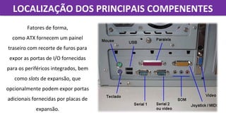 LOCALIZAÇÃO DOS PRINCIPAIS COMPENENTESLOCALIZAÇÃO DOS PRINCIPAIS COMPENENTES
Fatores de forma, 
como ATX fornecem um painel 
traseiro com recorte de furos para 
expor as portas de I/O fornecidas 
para os periféricos integrados, bem 
como slots de expansão, que 
opcionalmente podem expor portas 
adicionais fornecidas por placas de 
expansão.
 