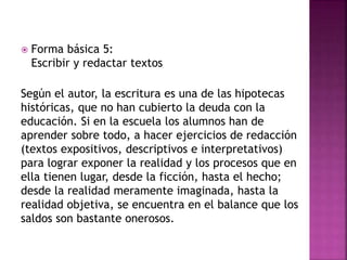  Forma básica 5:
Escribir y redactar textos
Según el autor, la escritura es una de las hipotecas
históricas, que no han cubierto la deuda con la
educación. Si en la escuela los alumnos han de
aprender sobre todo, a hacer ejercicios de redacción
(textos expositivos, descriptivos e interpretativos)
para lograr exponer la realidad y los procesos que en
ella tienen lugar, desde la ficción, hasta el hecho;
desde la realidad meramente imaginada, hasta la
realidad objetiva, se encuentra en el balance que los
saldos son bastante onerosos.
 