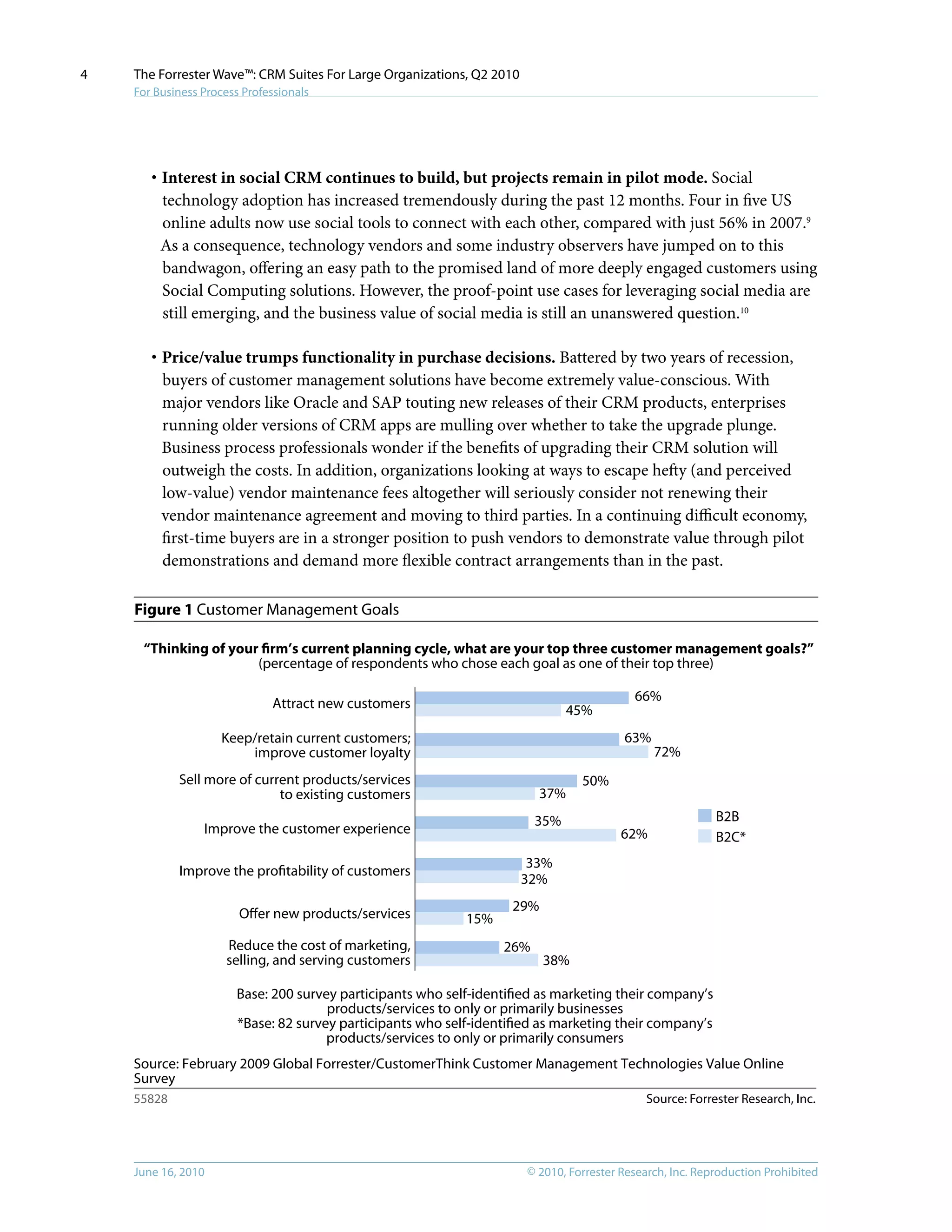 © 2010, Forrester Research, Inc. Reproduction ProhibitedJune 16, 2010
The Forrester Wave™: CRM Suites For Large Organizations, Q2 2010
For Business Process Professionals
4
·	Interest in social CRM continues to build, but projects remain in pilot mode. Social
technology adoption has increased tremendously during the past 12 months. Four in five US
online adults now use social tools to connect with each other, compared with just 56% in 2007.9
As a consequence, technology vendors and some industry observers have jumped on to this
bandwagon, offering an easy path to the promised land of more deeply engaged customers using
Social Computing solutions. However, the proof-point use cases for leveraging social media are
still emerging, and the business value of social media is still an unanswered question.10
·	Price/value trumps functionality in purchase decisions. Battered by two years of recession,
buyers of customer management solutions have become extremely value-conscious. With
major vendors like Oracle and SAP touting new releases of their CRM products, enterprises
running older versions of CRM apps are mulling over whether to take the upgrade plunge.
Business process professionals wonder if the benefits of upgrading their CRM solution will
outweigh the costs. In addition, organizations looking at ways to escape hefty (and perceived
low-value) vendor maintenance fees altogether will seriously consider not renewing their
vendor maintenance agreement and moving to third parties. In a continuing difficult economy,
first-time buyers are in a stronger position to push vendors to demonstrate value through pilot
demonstrations and demand more flexible contract arrangements than in the past.
Figure 1 Customer Management Goals
Source: Forrester Research, Inc.55828
“Thinking of your ﬁrm’s current planning cycle, what are your top three customer management goals?”
(percentage of respondents who chose each goal as one of their top three)
Attract new customers
Keep/retain current customers;
improve customer loyalty
Sell more of current products/services
to existing customers
Improve the customer experience
Improve the proﬁtability of customers
Offer new products/services
Reduce the cost of marketing,
selling, and serving customers
66%
63%
72%
50%
37%
35%
62%
33%
32%
29%
26%
38%
15%
45%
B2B
B2C*
Base: 200 survey participants who self-identiﬁed as marketing their company’s
products/services to only or primarily businesses
*Base: 82 survey participants who self-identiﬁed as marketing their company’s
products/services to only or primarily consumers
Source: February 2009 Global Forrester/CustomerThink Customer Management Technologies Value Online
Survey
 