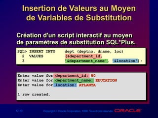 12-10 Copyright  Oracle Corporation, 1998. Tous droits réservés.
Insertion de Valeurs au Moyen
de Variables de Substitution
Création d'un script interactif au moyen
de paramètres de substitution SQL*Plus.
SQL> INSERT INTO dept (deptno, dname, loc)
2 VALUES (&department_id,
3 '&department_name', '&location');
Enter value for department_id: 80
Enter value for department_name: EDUCATION
Enter value for location: ATLANTA
1 row created.
 