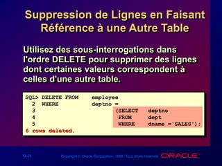 12-24 Copyright  Oracle Corporation, 1998. Tous droits réservés.
Suppression de Lignes en Faisant
Référence à une Autre Table
Utilisez des sous-interrogations dans
l'ordre DELETE pour supprimer des lignes
dont certaines valeurs correspondent à
celles d'une autre table.
SQL> DELETE FROM employee
2 WHERE deptno =
3 (SELECT deptno
4 FROM dept
5 WHERE dname ='SALES');
6 rows deleted.
 