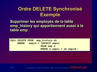 12-26 Copyright  Oracle Corporation, 1998. Tous droits réservés.
Ordre DELETE Synchronisé
Exemple
SQL> DELETE FROM emp_history eh
WHERE empid = (SELECT empno
FROM emp e
WHERE e.empno = eh.empid);
Supprimer les employés de la table
emp_history qui appartiennent aussi à la
table emp .
 