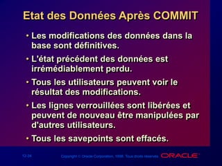 12-34 Copyright  Oracle Corporation, 1998. Tous droits réservés.
Etat des Données Après COMMIT
• Les modifications des données dans la
base sont définitives.
• L'état précédent des données est
irrémédiablement perdu.
• Tous les utilisateurs peuvent voir le
résultat des modifications.
• Les lignes verrouillées sont libérées et
peuvent de nouveau être manipulées par
d'autres utilisateurs.
• Tous les savepoints sont effacés.
 