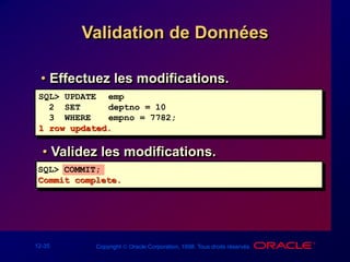 12-35 Copyright  Oracle Corporation, 1998. Tous droits réservés.
Validation de Données
SQL> UPDATE emp
2 SET deptno = 10
3 WHERE empno = 7782;
1 row updated.
• Effectuez les modifications.
• Validez les modifications.
SQL> COMMIT;
Commit complete.
 