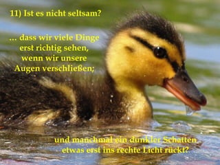 …  dass wir viele Dinge erst richtig sehen, wenn wir unsere Augen verschließen; 11) Ist es nicht seltsam?  und manchmal ein dunkler Schatten  etwas erst ins rechte Licht rückt?  