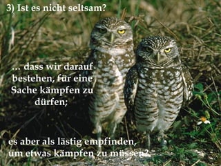…  dass wir darauf bestehen, für eine Sache kämpfen zu dürfen;  3) Ist es nicht seltsam?  es aber als lästig empfinden,  um etwas kämpfen zu müssen?  