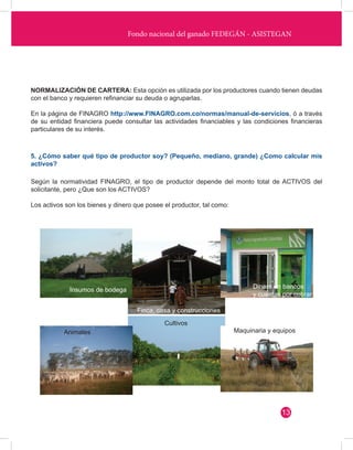 Fondo nacional del ganado FEDEGÁN - ASISTEGAN 
NORMALIZACIÓN DE CARTERA: Esta opción es utilizada por los productores cuando tienen deudas 
con el banco y requieren refinanciar su deuda o agruparlas. 
En la página de FINAGRO http://www.FINAGRO.com.co/normas/manual-de-servicios, ó a través 
de su entidad financiera puede consultar las actividades financiables y las condiciones financieras 
particulares de su interés. 
Según la normatividad FINAGRO, el tipo de productor depende del monto total de ACTIVOS del 
solicitante, pero ¿Que son los ACTIVOS? 
Los activos son los bienes y dinero que posee el productor, tal como: 
5. ¿Cómo saber qué tipo de productor soy? (Pequeño, mediano, grande) ¿Como calcular mis 
activos? 
13 
Insumos de bodega 
Finca, casa y construcciones 
Dinero en bancos 
y cuentas por cobrar 
Cultivos 
Animales Maquinaria y equipos 
 