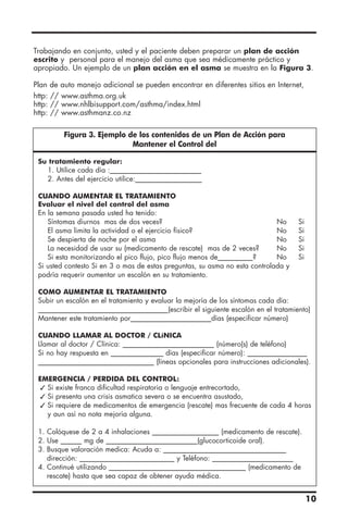 Trabajando en conjunto, usted y el paciente deben preparar un plan de acción
escrito y personal para el manejo del asma que sea médicamente práctico y
apropiado. Un ejemplo de un plan acción en el asma se muestra en la Figura 3.
Plan de auto manejo adicional se pueden encontrar en diferentes sitios en Internet,
http: // www.asthma.org.uk
http: // www.nhlbisupport.com/asthma/index.html
http: // www.asthmanz.co.nz
10
Figura 3. Ejemplo de los contenidos de un Plan de Acción para
Mantener el Control del
Su tratamiento regular:
1. Utilice cada día :__________________________
2. Antes del ejercicio utilice:___________________
CUANDO AUMENTAR EL TRATAMIENTO
Evaluar el nivel del control del asma
En la semana pasada usted ha tenido:
Síntomas diurnos mas de dos veces? No Si
El asma limita la actividad o el ejercicio físico? No Si
Se despierta de noche por el asma No Si
La necesidad de usar su (medicamento de rescate) mas de 2 veces? No Si
Si esta monitorizando el pico flujo, pico flujo menos de__________? No Si
Si usted contesto Si en 3 o mas de estas preguntas, su asma no esta controlada y
podría requerir aumentar un escalón en su tratamiento.
COMO AUMENTAR EL TRATAMIENTO
Subir un escalón en el tratamiento y evaluar la mejoría de los síntomas cada día:
_____________________________________(escribir el siguiente escalón en el tratamiento)
Mantener este tratamiento por_______________________días (especificar número)
CUANDO LLAMAR AL DOCTOR / CLíNICA
Llamar al doctor / Clínica: __________________________ (número(s) de teléfono)
Si no hay respuesta en _______________ días (especificar número): _________________
_________________________________ (líneas opcionales para instrucciones adicionales).
EMERGENCIA / PERDIDA DEL CONTROL:
 Si existe franca dificultad respiratoria o lenguaje entrecortado,
 Si presenta una crisis asmatica severa o se encuentra asustado,
 Si requiere de medicamentos de emergencia (rescate) mas frecuente de cada 4 horas
y aun así no nota mejoría alguna.
1. Colóquese de 2 a 4 inhalaciones ___________________ (medicamento de rescate).
2. Use ______ mg de __________________________(glucocorticoide oral).
3. Busque valoración medica: Acuda a: ___________________________________
dirección: ___________________________ y Teléfono: _______________________
4. Continué utilizando _______________________________________ (medicamento de
rescate) hasta que sea capaz de obtener ayuda médica.
 