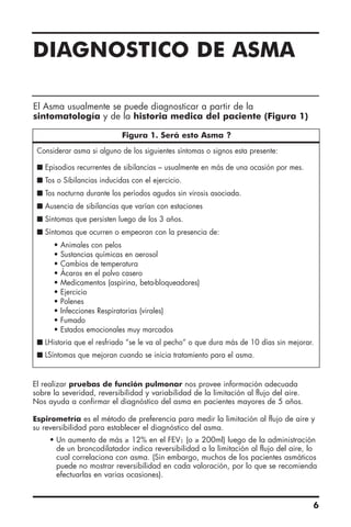 DIAGNOSTICO DE ASMA
El Asma usualmente se puede diagnosticar a partir de la
sintomatología y de la historia medica del paciente (Figura 1)
El realizar pruebas de función pulmonar nos provee información adecuada
sobre la severidad, reversibilidad y variabilidad de la limitación al flujo del aire.
Nos ayuda a confirmar el diagnóstico del asma en pacientes mayores de 5 años.
Espirometría es el método de preferencia para medir la limitación al flujo de aire y
su reversibilidad para establecer el diagnóstico del asma.
• Un aumento de más ≥ 12% en el FEV1 (o ≥ 200ml) luego de la administración
de un broncodilatador indica reversibilidad a la limitación al flujo del aire, lo
cual correlaciona con asma. (Sin embargo, muchos de los pacientes asmáticos
puede no mostrar reversibilidad en cada valoración, por lo que se recomienda
efectuarlas en varias ocasiones).
6
Considerar asma si alguno de los siguientes síntomas o signos esta presente:
I Episodios recurrentes de sibilancias – usualmente en más de una ocasión por mes.
I Tos o Sibilancias inducidas con el ejercicio.
I Tos nocturna durante los períodos agudos sin virosis asociada.
I Ausencia de sibilancias que varían con estaciones
I Síntomas que persisten luego de los 3 años.
I Síntomas que ocurren o empeoran con la presencia de:
• Animales con pelos
• Sustancias químicas en aerosol
• Cambios de temperatura
• Ácaros en el polvo casero
• Medicamentos (aspirina, beta-bloqueadores)
• Ejercicio
• Polenes
• Infecciones Respiratorias (virales)
• Fumado
• Estados emocionales muy marcados
I LHistoria que el resfriado “se le va al pecho” o que dura más de 10 días sin mejorar.
I LSíntomas que mejoran cuando se inicia tratamiento para el asma.
Figura 1. Será esto Asma ?
 