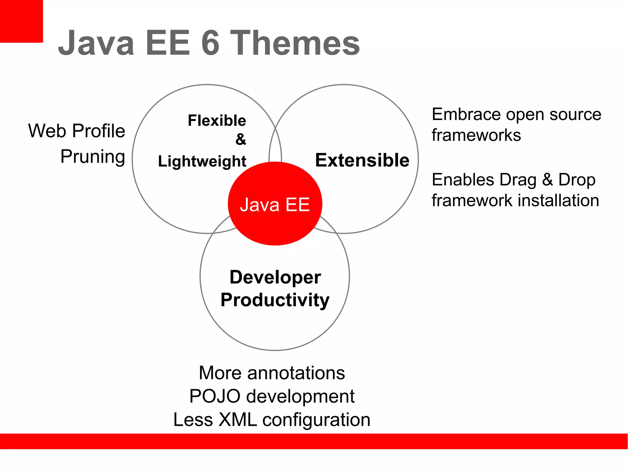 Java EE 6 Themes

                  Flexible                      Embrace open source
Web Profile             &                       frameworks
  Pruning     Lightweight          Extensible
                                                Enables Drag & Drop
                         Java EE                framework installation



                       Developer
                      Productivity


                   More annotations
                  POJO development
                Less XML configuration
 