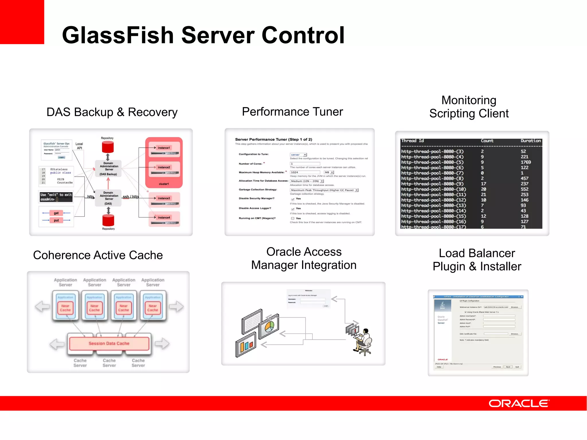 GlassFish Server Control

                                                   Monitoring
  DAS Backup & Recovery   Performance Tuner      Scripting Client




Coherence Active Cache       Oracle Access        Load Balancer
                           Manager Integration   Plugin & Installer
 