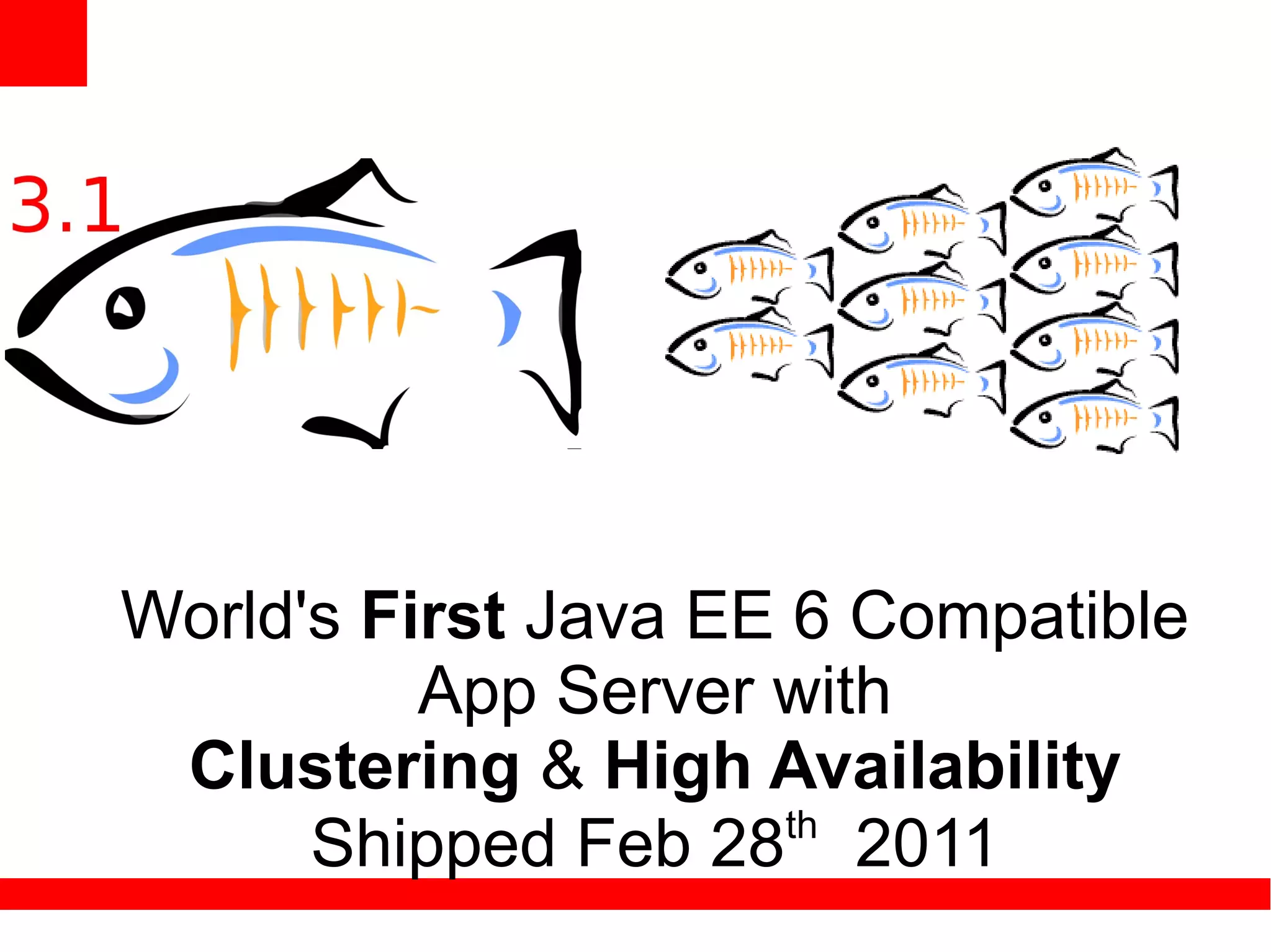 World's First Java EE 6 Compatible
          App Server with
 Clustering & High Availability
                      th
      Shipped Feb 28 2011
 