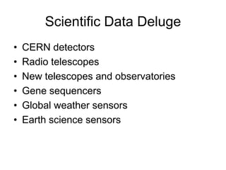 Scientific Data Deluge
•   CERN detectors
•   Radio telescopes
•   New telescopes and observatories
•   Gene sequencers
•   Global weather sensors
•   Earth science sensors
 