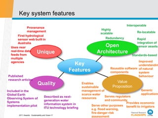 Key system features
                                                                                              Interoperable
              Provenance
                                                                            Highly
              management                                                                             Re-locatable
                                                                            scalable
       First hydrological
       sensor web built in                                                      Redundancy           Rapid
       Australia                                                                                     integration of
  Uses near                                                                  Open                    sensor assets
  real-time data
  feeds from
                             Unique                                       Architecture
                                                                                                 Standards-based
  multiple
  agencies                                                                                           Improved
                                                        Key                                          understandin
                                                                                   Reusable software of natural
                                                      Features                     components        system
Published                                                                                            behaviour
research articles
                                                                                        Value
                              Quality                           Enables
                                                                                     Proposition
                                                                sustainable
Included in the                                                 management of                           Generic
Global Earth                                                    scarce water                            applications
                                      Described as next-                        Serves regulators
Observing System of                                             resources
                                      generation water                          and community
Systems                                                                                       Provides economic
                                      information system in           Serve other purposes benefit to irrigators
implementation pilot
                                      ITU technology briefing         e.g. flood warning,
                                                                      fire-danger risk
       2011 iAwards - Sustainability and Green IT
                                                                      assessment
 