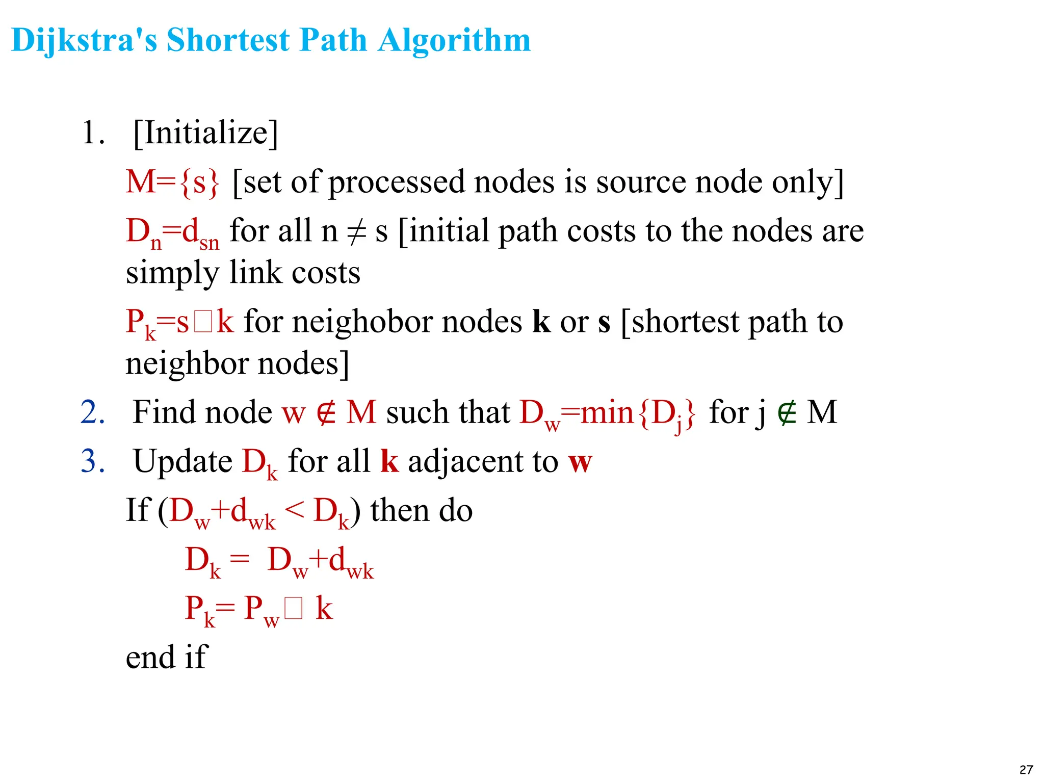 Dijkstra's Shortest Path Algorithm
1. [Initialize]
M={s} [set of processed nodes is source node only]
Dn=dsn for all n ≠ s [initial path costs to the nodes are
simply link costs
Pk=s🡪k for neighobor nodes k or s [shortest path to
neighbor nodes]
2. Find node w ∉ M such that Dw=min{Dj} for j ∉ M
3. Update Dk for all k adjacent to w
If (Dw+dwk < Dk) then do
Dk = Dw+dwk
Pk= Pw🡪 k
end if
27
 