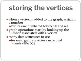 storing the vertices
⚫when a vertex is added to the graph, assign it
a number
⚫vertices are numbered between 0 and n-1
⚫graph operations start by looking up the
number associated with a vertex
⚫many data structures to use
⚫for small graphs a vector can be used
⚫ search will be O(n)
 