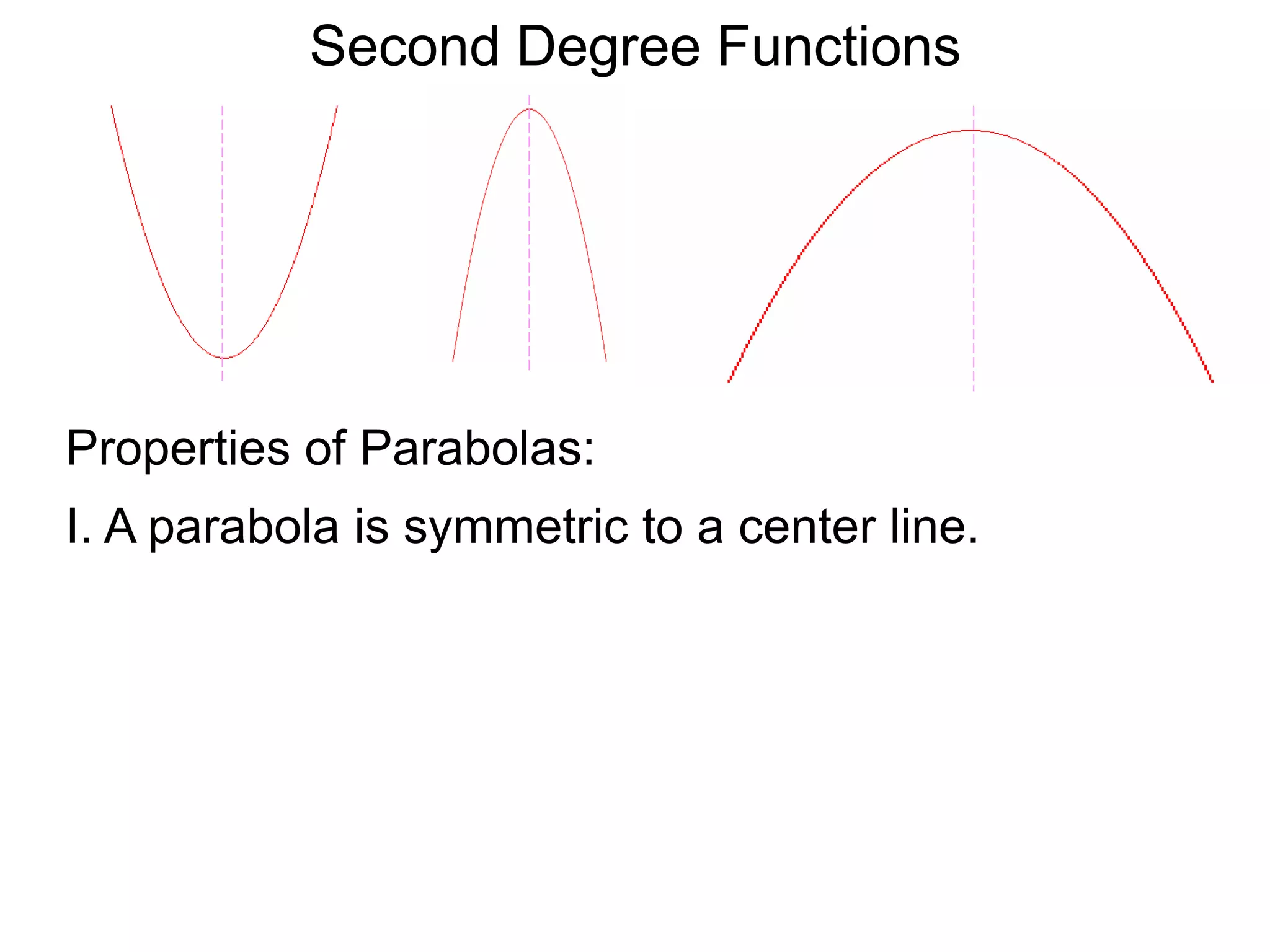 Second Degree Functions
Properties of Parabolas:
I. A parabola is symmetric to a center line.
 