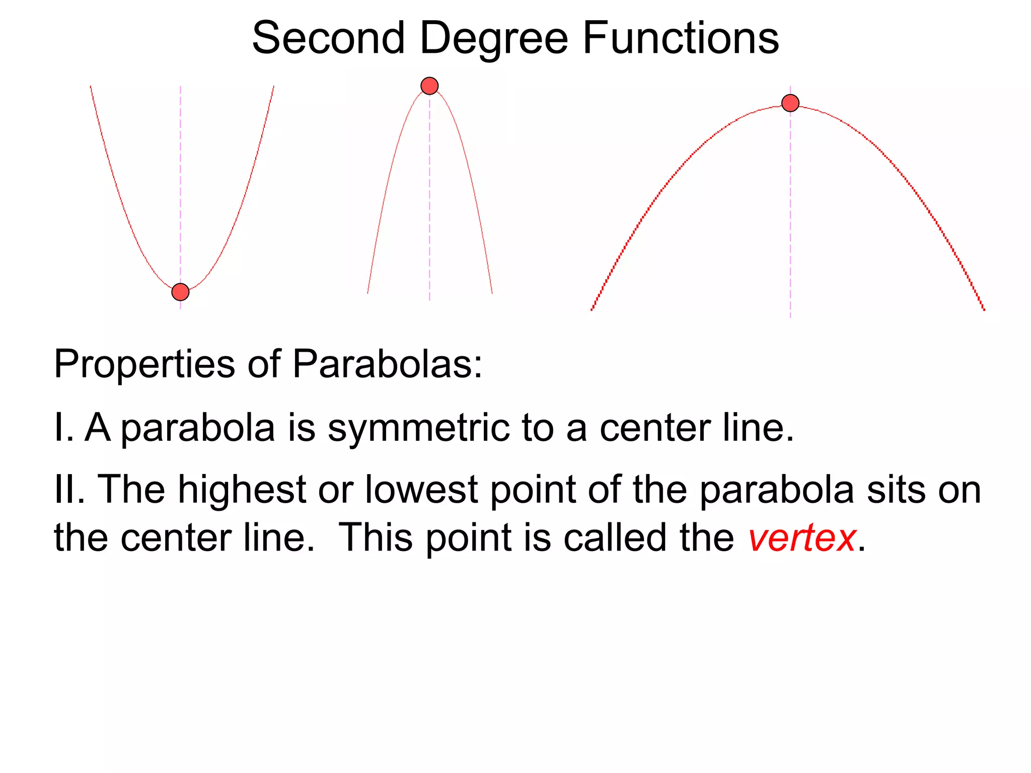 Second Degree Functions
Properties of Parabolas:
I. A parabola is symmetric to a center line.
II. The highest or lowest point of the parabola sits on
the center line. This point is called the vertex.
 