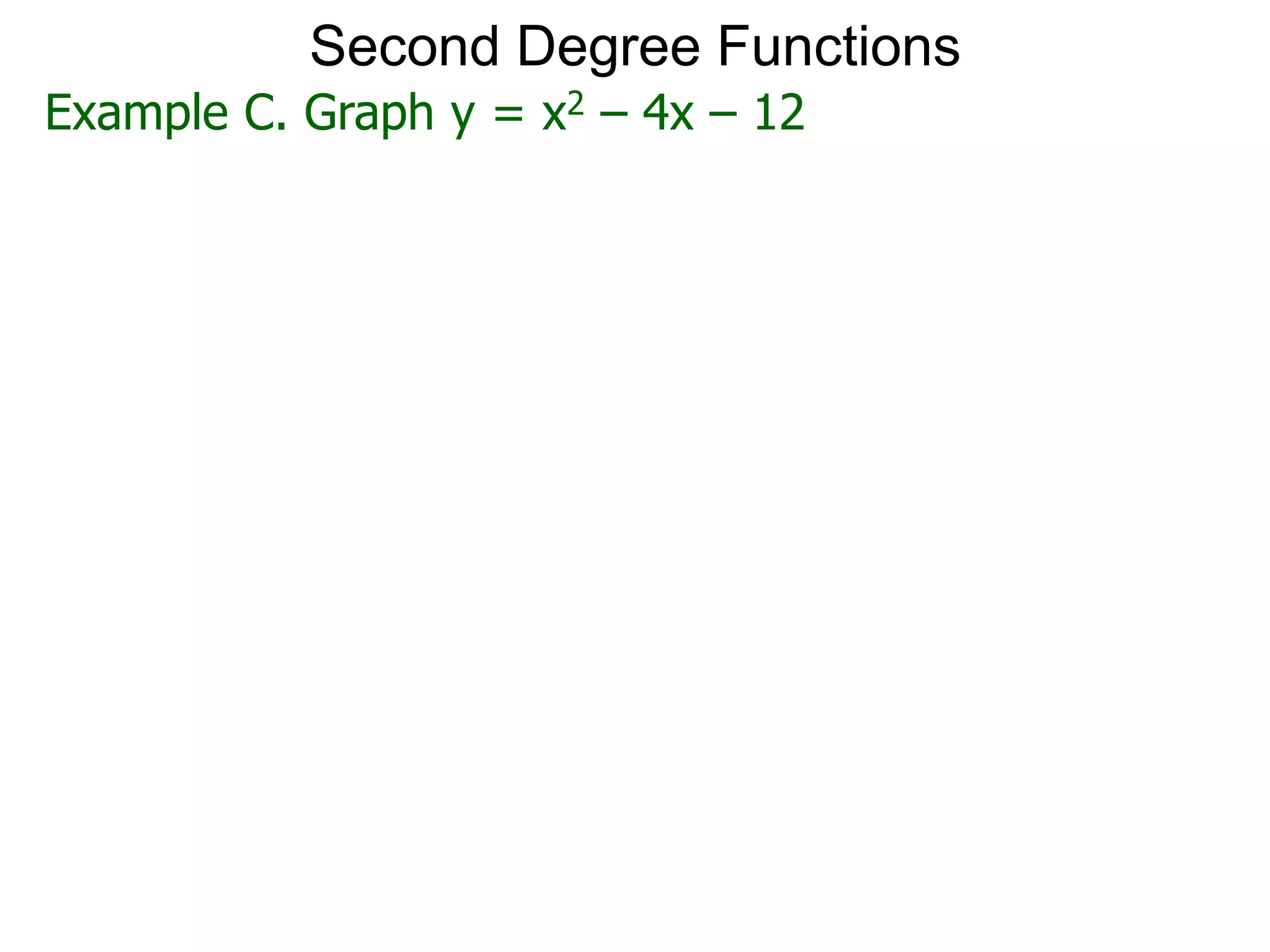 Example C. Graph y = x2 – 4x – 12
Second Degree Functions
 