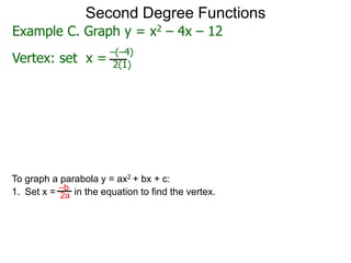 Example C. Graph y = x2 – 4x – 12
Vertex: set x =
–(–4)
2(1)
Second Degree Functions
To graph a parabola y = ax2 + bx + c:
1. Set x = in the equation to find the vertex.
–b
2a
 
