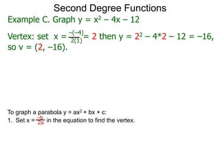 Second Degree Functions
Example C. Graph y = x2 – 4x – 12
Vertex: set x = = 2 then y = 22 – 4*2 – 12 = –16,
–(–4)
2(1)
so v = (2, –16).
To graph a parabola y = ax2 + bx + c:
1. Set x = in the equation to find the vertex.
–b
2a
 