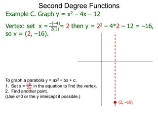 Second Degree Functions
Example C. Graph y = x2 – 4x – 12
Vertex: set x = = 2 then y = 22 – 4*2 – 12 = –16,
–(–4)
2(1)
so v = (2, –16).
To graph a parabola y = ax2 + bx + c:
1. Set x = in the equation to find the vertex.
2. Find another point.
(Use x=0 or the y intercept if possible.)
–b
2a
(2, –16)
 