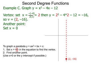 Another point:
Set x = 0
Second Degree Functions
Example C. Graph y = x2 – 4x – 12
Vertex: set x = = 2 then y = 22 – 4*2 – 12 = –16,
–(–4)
2(1)
so v = (2, –16).
To graph a parabola y = ax2 + bx + c:
1. Set x = in the equation to find the vertex.
2. Find another point.
(Use x=0 or the y intercept if possible.)
–b
2a
(2, –16)
 