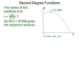 Second Degree Functions
x
R
The vertex of this
parabola is at
x = = 7.
So R(7) = $1058 gives
the maximum revenue.
–(28)
2(–2)
R = 960 + 28x – 2x2.
v = (7, 1058)
 